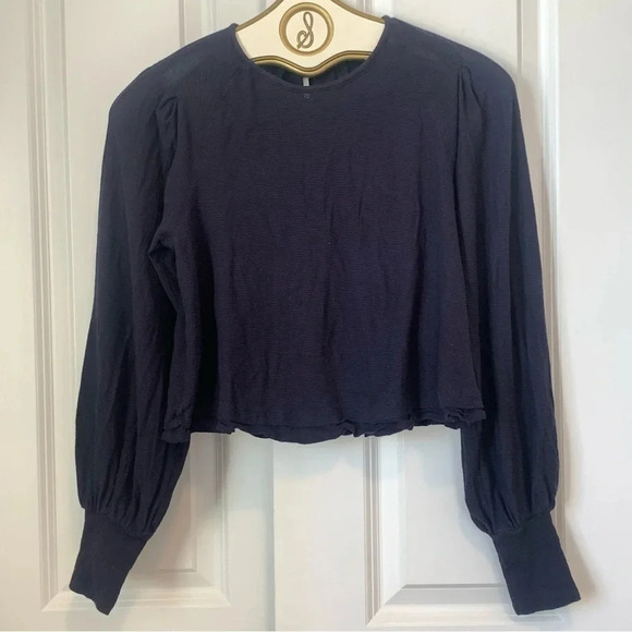 Free People Billie Crop Top Cotton Modal Long Sleeve Puff Cuff Navy Blue XS - Picture 2 of 10
